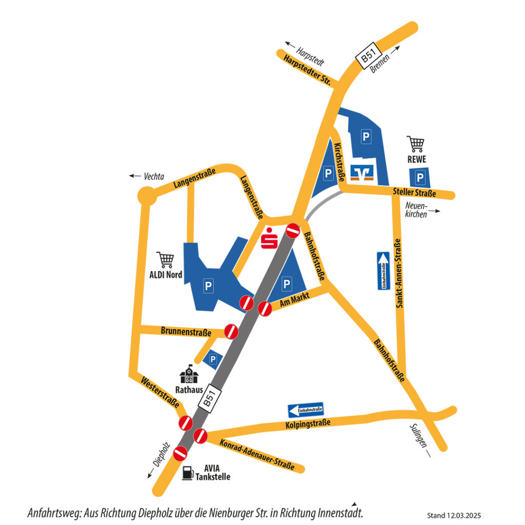 Verkehrsinformationen zur Straßensperrung an der B51 in Twistringen 1 GUT Baustelle Wegweiser Karte neutral neu